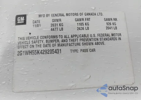 2002 Chevrolet Impala Ls z USA, uszkodzony, nr VIN 2G1WH55K429205431